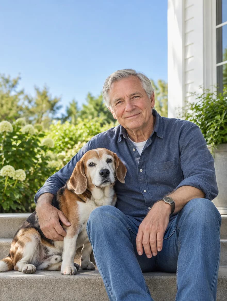 A smiling man sits on stone steps with his arm around his beagle, in front of green hedges
