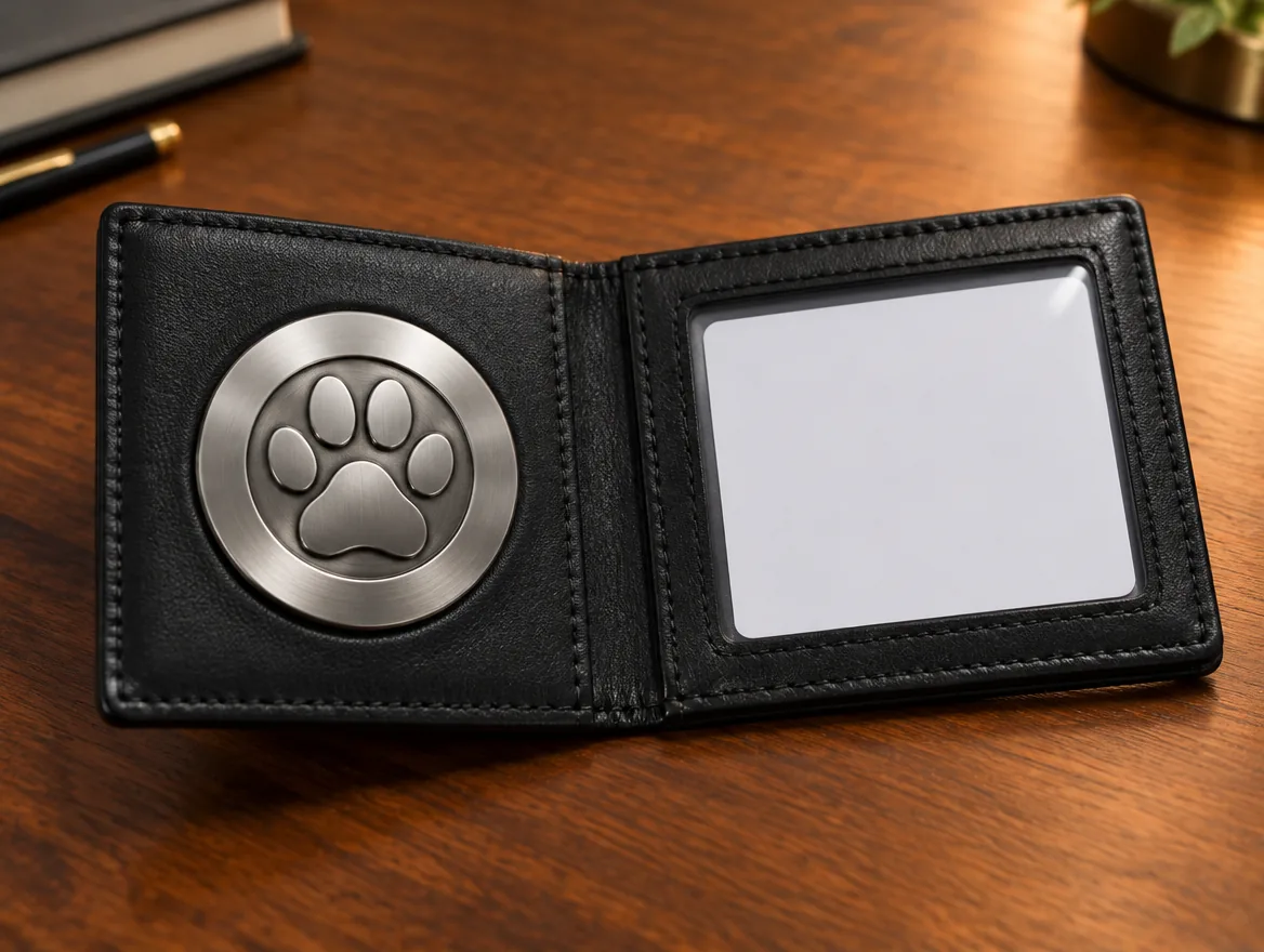 An open black leather wallet with a metal ESA handler badge on the left and a clear ID window on the right