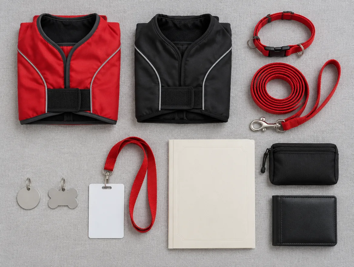 Flat lay of a red and a black ESA vest, a red collar and leash, two engraved tags, an ID card on a lanyard, a certificate folder and a black pouch and wallet