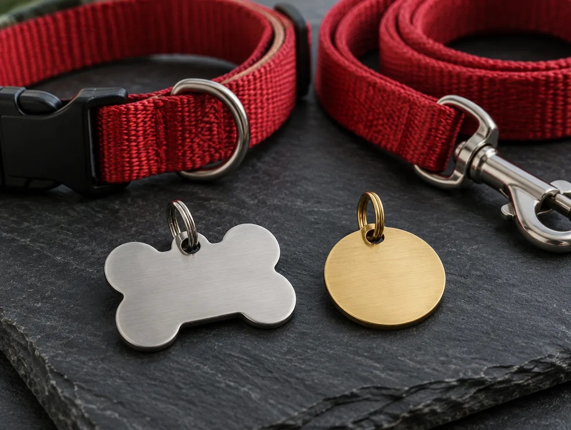 A bone-shaped steel tag and a round brass tag in front of a red collar and a red leash with a metal clip