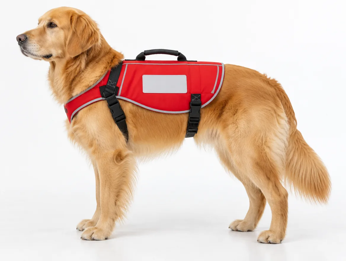A red ESA vest with grey reflective trim and a hook-and-loop belly strap